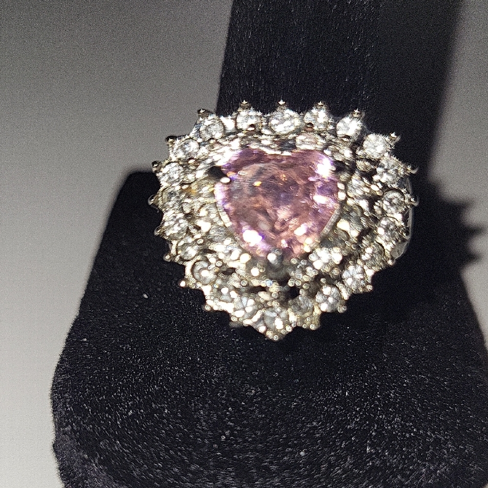 Elegant Pink and Silver Heart-Shaped Ring with Double Halo